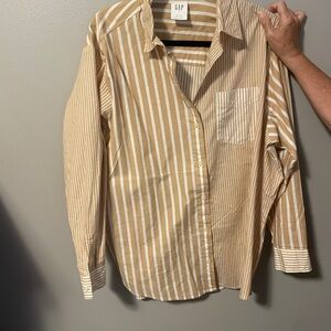 GAP Women's Beige and White Striped Button Down Shirt